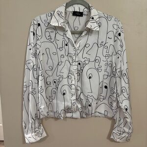 Milk & Honey Abstract Face Print White Button-Up Shirt